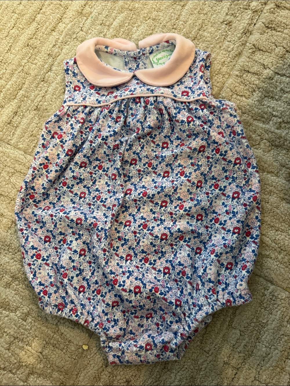 Grace and James Floral Bubble Romper with Pink Peter Pan Collar